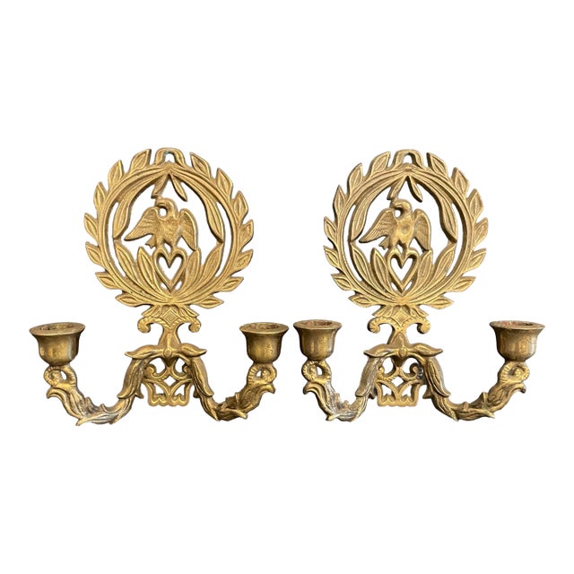 Pair of Brass Two Light Candle Sconces For Sale