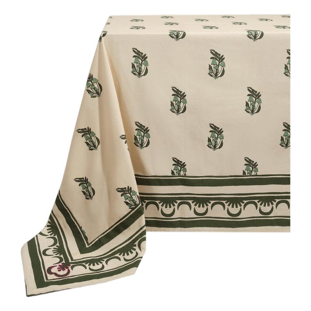 Johanna Ortiz Forest Green/Ecru Fungi Gems Of The Tropics Square Tablecloth For Sale