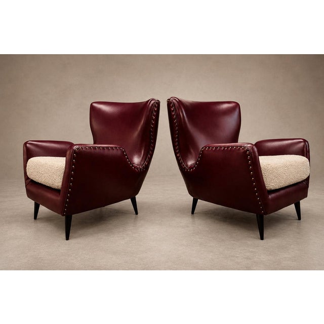 Pair of Brazilian Modernist Armchairs in Hardwood, Burgundy Leather & Bouclé by Carlo Hauner, Brazil, 1950s - Lot 466B For Sale - Image 12 of 18