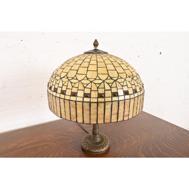 Tiffany Studios Tiffany Studios Style Arts & Crafts Table Lamp With Jeweled Caramel Glass Shade For Sale - Image 4 of 11