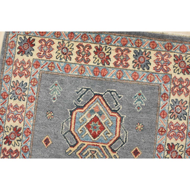 Kazak Rug 2’10” X 5’1” Blue Wool Tribal Hand-Knotted Oriental Carpet For Sale In Philadelphia - Image 6 of 12