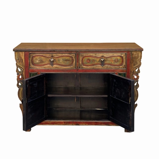 Chinese Distressed Mustard Yellow Red Flower Sideboard Credenza Cabinet For Sale In San Francisco - Image 6 of 9