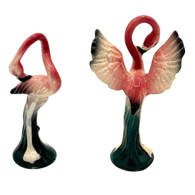 Mid-Century Modern Set of 2, Mid 20th Century California Pottery Ceramic Miniature Pink Flamingo Tabletop Statue For Sale - Image 3 of 5