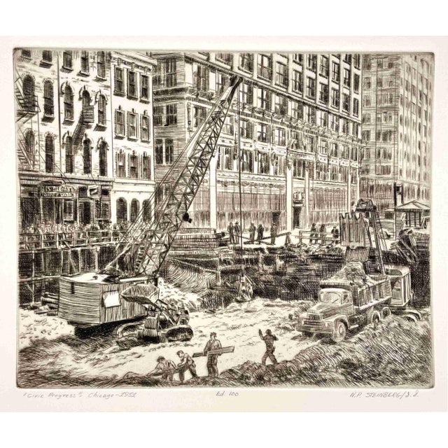 A 1951 etching of downtown Chicago construction, by artist Nathaniel P. Steinberg, titled "Civic Progress - Chicago"....