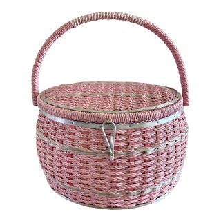 Circa 1966 Pink & Grey Round Rattan Sewing Basket Made Exclusively for Pennys, Japan For Sale