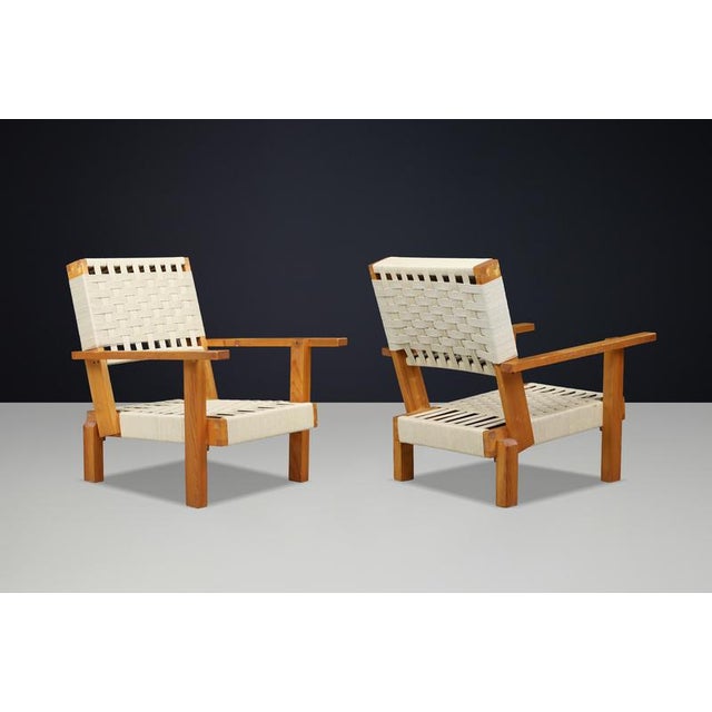 Italian Pine and Woven Cord Lounge Chairs, 1970s, Set of 2 For Sale - Image 4 of 17