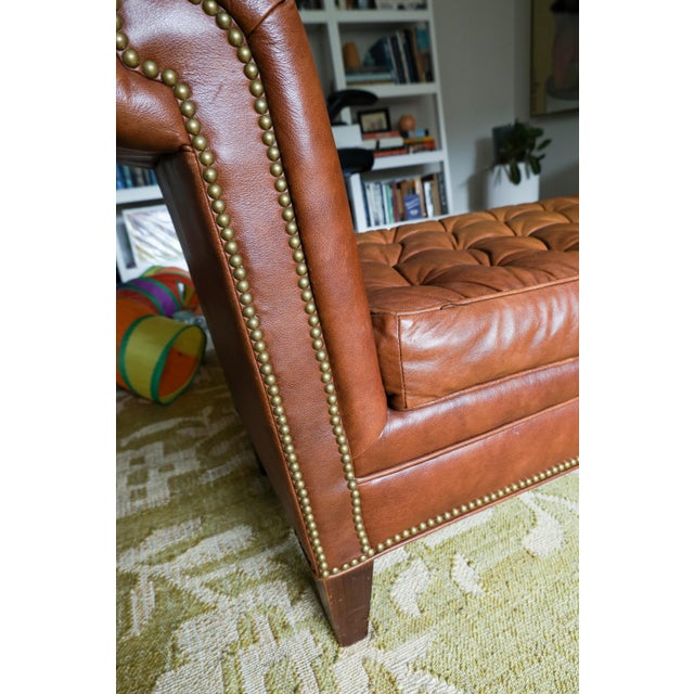 Late 20th Century Traditional Tufted Chesterfield "Austin Brown" Leather Rolled-Arm Bench For Sale - Image 4 of 9