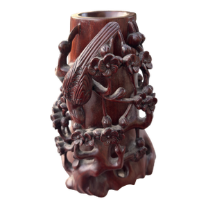 1940s Hand Carved Chinese Brush Pot With a Flowering Tree and Bird