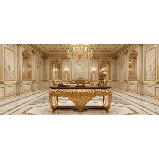 A truly dramatic monumental statement desk designed around a sculptural eagle motif, combining a rich dark wood top with...