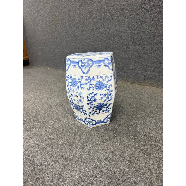 Blue Chinese Blue & White Porcelain Hexagonal Garden Stool For Sale - Image 8 of 8