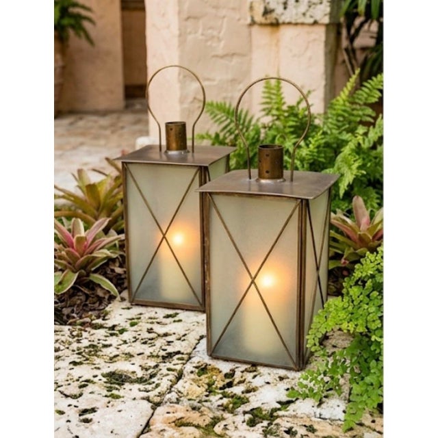 Pair of Neoclassical Style Mixed Metal Large Scale Hurricane Lanterns For Sale - Image 9 of 12