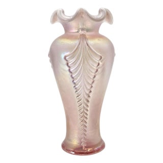 Fenton Pink Opalescent Carnival Glass Feather Pattern Ruffled Vase, Mid-Century For Sale