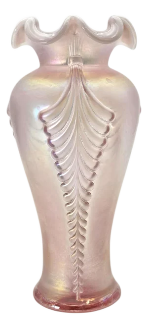 Fenton Pink Opalescent Carnival Glass Feather Pattern Ruffled Vase, Mid-Century