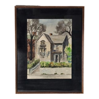 Watercolor Wood Framed Farm House Painting Signed 24" For Sale