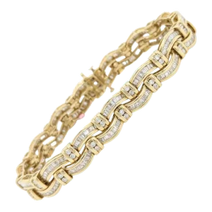White Diamond Baguette and Round Bracelet 14K Yellow Gold
