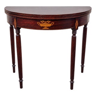 Sheraton-Style Demilune Flip-Top Console / Game Table With Urn Inlay For Sale