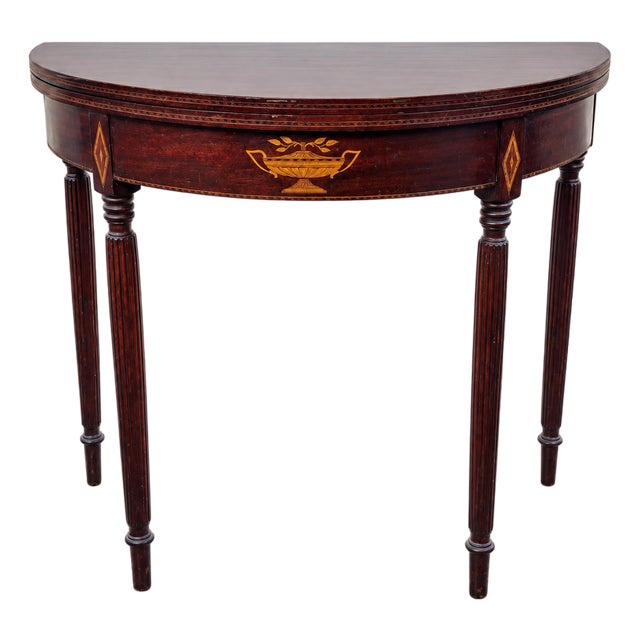 Sheraton-Style Demilune Flip-Top Console / Game Table With Urn Inlay For Sale