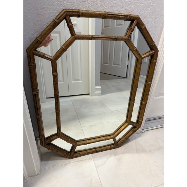 Late 20th Century Chinoiserie Faux Bamboo Gold Giltwood Hexagonal Mirror For Sale - Image 5 of 7