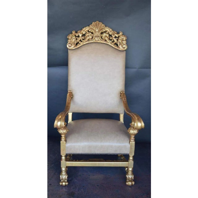 19th century Italian throne chair. Water guild with 22-karat gold. Reupholstered with New leather. * Dimensions:Height: 57...