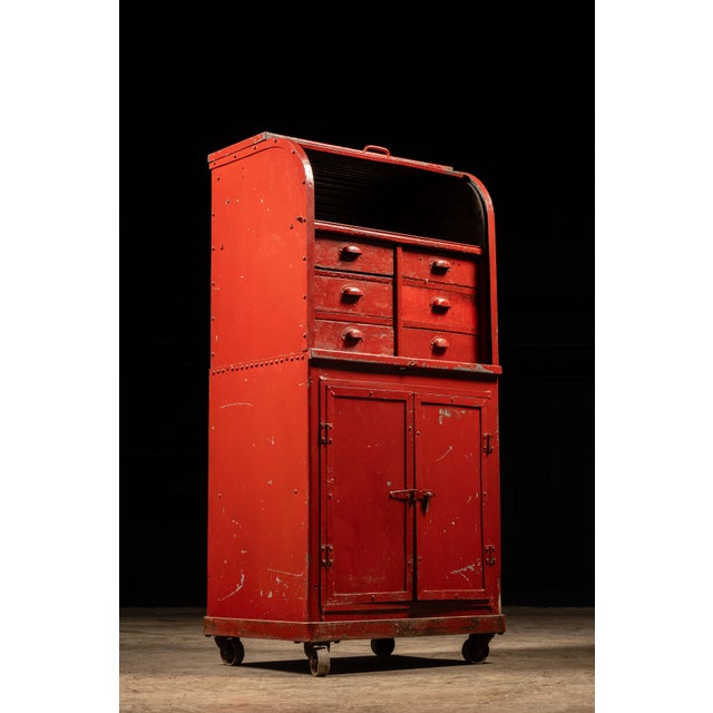 1930s Vintage Industrial Wood and Steel Wheeled Workshop Cabinet For Sale - Image 5 of 11