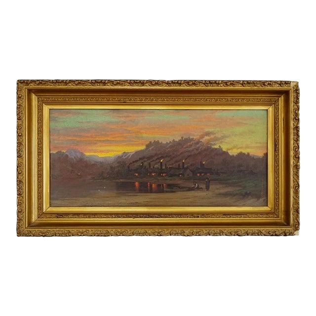 Mid 19th Century Evening Industrial Landscape Painting For Sale