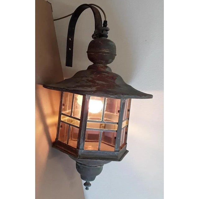 Metal Vintage Wall Lantern with Copper Housing with an Iron Arch Holder, 1930s For Sale - Image 7 of 11