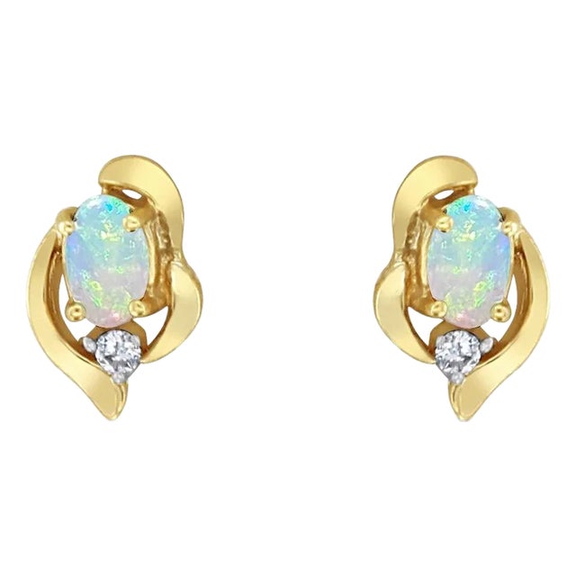 Oval Opal Studs with Diamond Accent, 2 Pieces For Sale