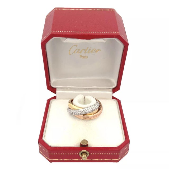 Contemporary Cartier Trinity Classic Diamond 18k Tricolor Gold Rolling Ring Size 6 w/Paper For Sale - Image 3 of 7