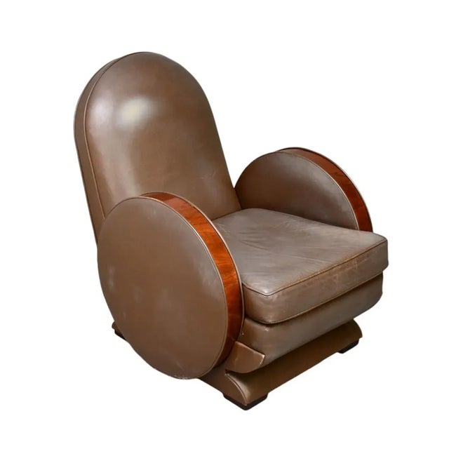 1970s Art Deco Style Brown Leather and Walnut Arm Chair For Sale - Image 4 of 5