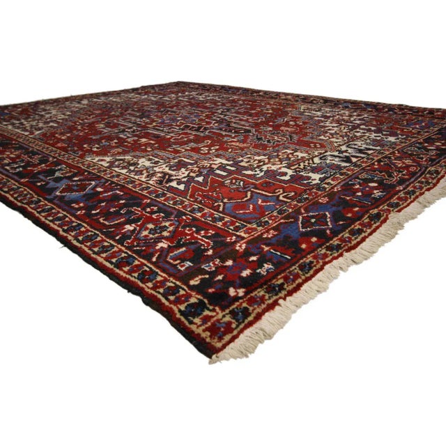 , vintage Persian Heriz rug with Manor House and Tudor style. This vintage Persian Heriz rug features a Mid-Century Modern...