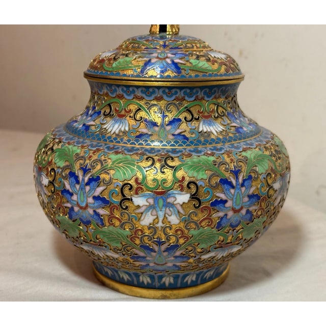 Metal High Quality Vintage Handmade Chinese Foo Dog Enamel Champleve Cloisonné Ginger Jar For Sale - Image 7 of 12
