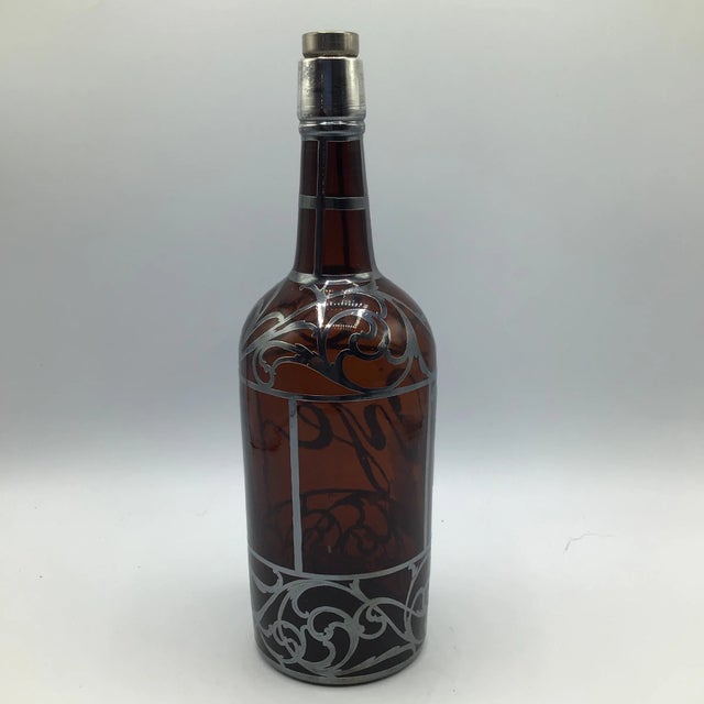 Silver Overlay Rye Decanter Antique Art Nouveau Amber Glass by La Pierre For Sale - Image 4 of 13