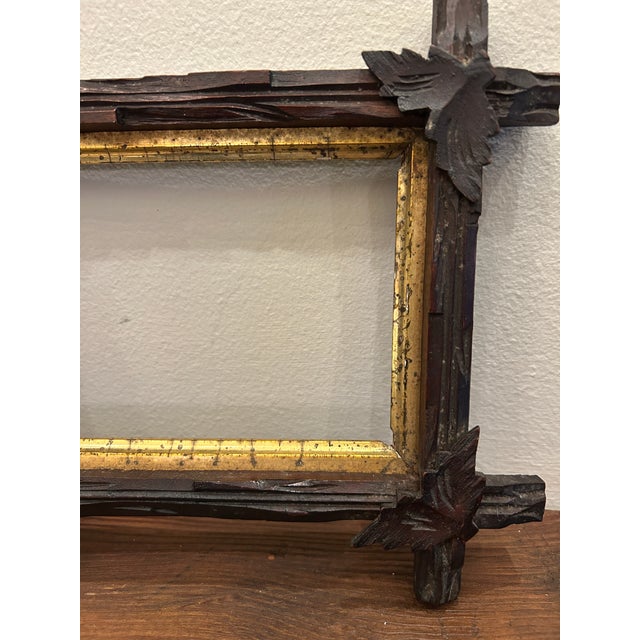 Rustic European Simply Beautiful Hand Carved Antique Black Forest Wooden Frame With Gilded Liner For Sale - Image 3 of 7