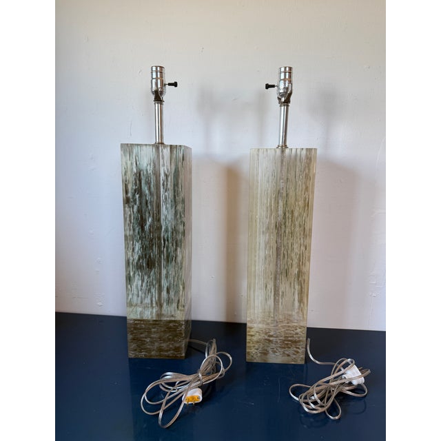 Vintage Heavy Pair of Fractal Resin Table Lamps - Gold Modernist Glam in Style of Romeo Rega - 20" Tall Rectangle Base For Sale - Image 10 of 18
