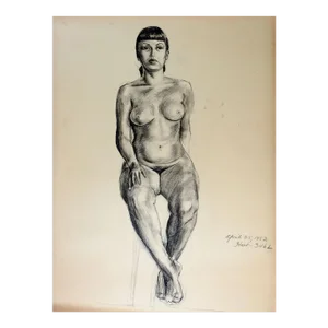 Vintage 1950s Charcoal Seated Nude Female Study Drawing