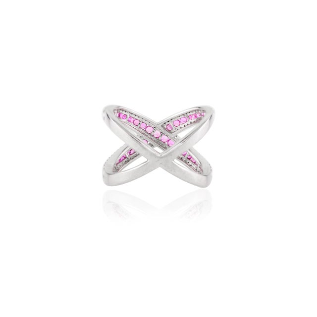 Not Yet Made - Made To Order Pink Sapphire & Diamond Criss Cross Cocktail Ring- Round Cut Gemstone Midi Finger Ring Size 5 For Sale - Image 5 of 11