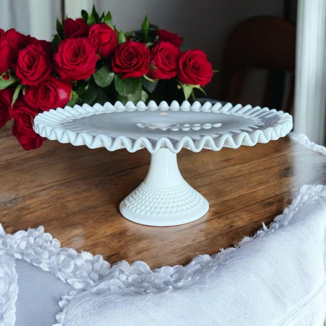 Vintage Fenton Milk Glass Hobnail Pedestal Cake Stand For Sale - Image 6 of 9