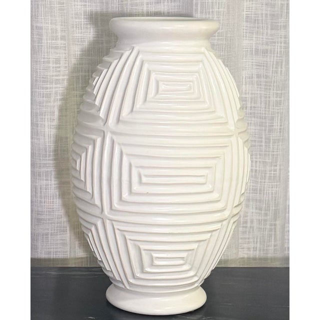 2020s Global Views Monumental Sculptural White Ceramic Vase, Geometric Relief, 23” For Sale - Image 5 of 10