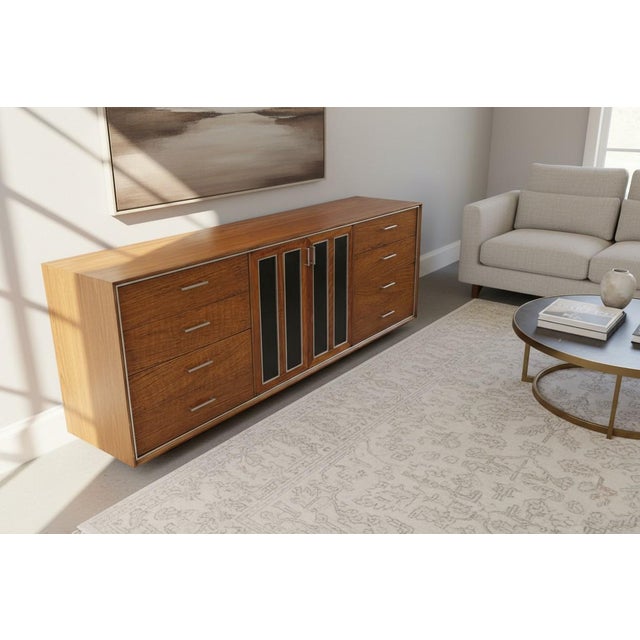 Wood Mid-Century Modern Walnut Credenza With Black Paneled Doors & Chrome Trim For Sale - Image 7 of 18