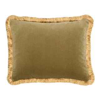 Moss Green Velvet Double-Sided Cushion With Gold Fringe With Feather Filler - 35x48cm (14"x19") For Sale