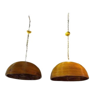 20th Century Italian Coiled Bamboo Dome Pendant Chandeliers - Pair For Sale