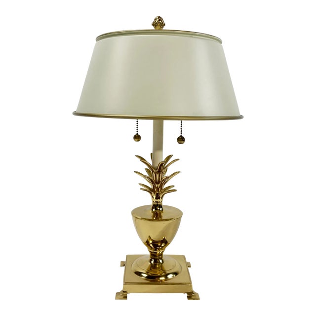 Vintage Bombay Brass Pineapple Table Lamp W Tole Shade For Sale