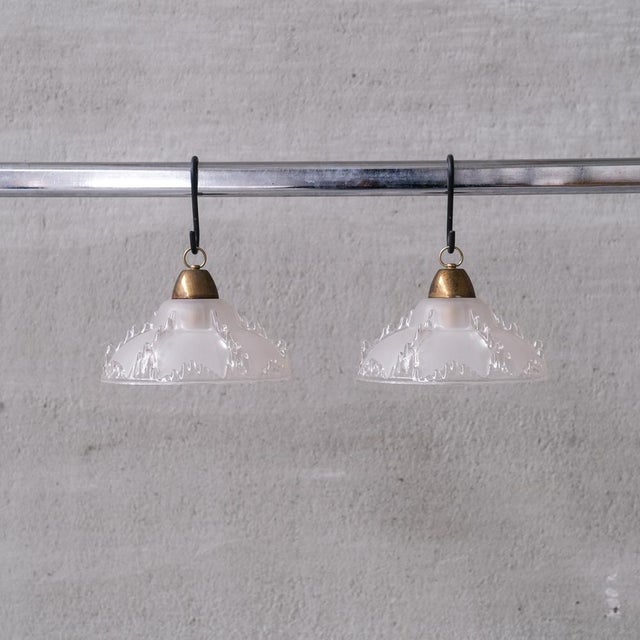 Metal Mid-Century Ice Glass Pendant Lights, Set of 2 For Sale - Image 7 of 9