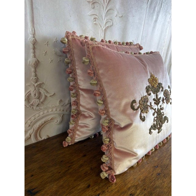 Textile Pair of French Couture Blush Silk Velvet Pillows With 19th Century Appliques' For Sale - Image 7 of 12