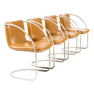 Vintage Mid Century Tubular Chrome Italian Lens Armchairs Attributed to Giovanni Offredi for Saporiti — Set of Four For Sale