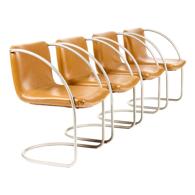 Vintage Mid Century Tubular Chrome Italian Lens Armchairs Attributed to Giovanni Offredi for Saporiti — Set of Four For Sale