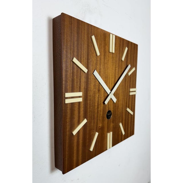 1980s Vintage Brown Wooden Wall Clock from Pragotron, 1980s For Sale - Image 5 of 16