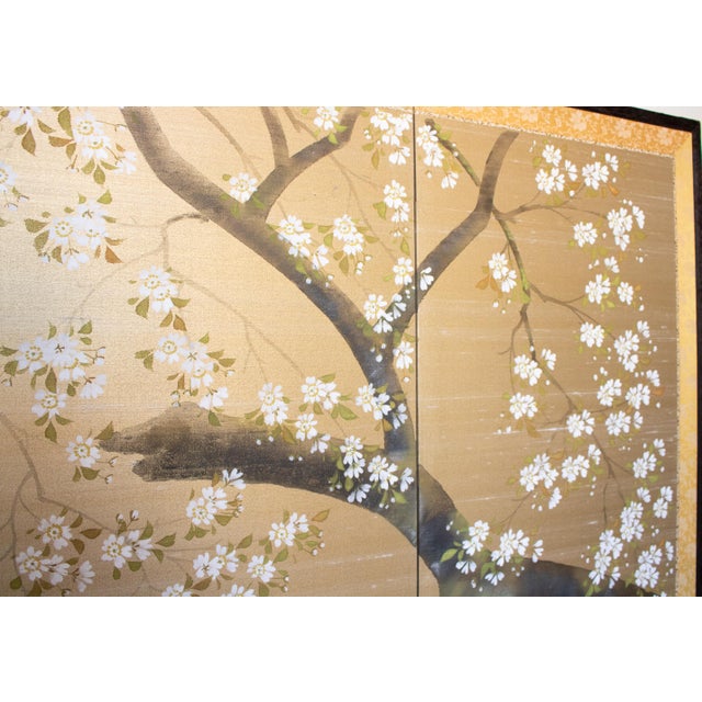1950-1960s Shōwa Era Japanese Painted Silk Byobu Screen "Blossoming Sakura" For Sale - Image 16 of 18