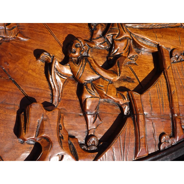 Brown 1970s Vintage Chinese Carved Coffee Table with Four Stools - Set of 5 For Sale - Image 8 of 13