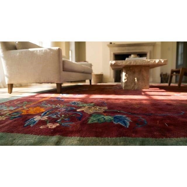 Textile 1920s Red Floral Modern Antique Chinese Art Deco Rug 9'0" X 11'8" Handknotted Wool Carpet For Sale - Image 7 of 7